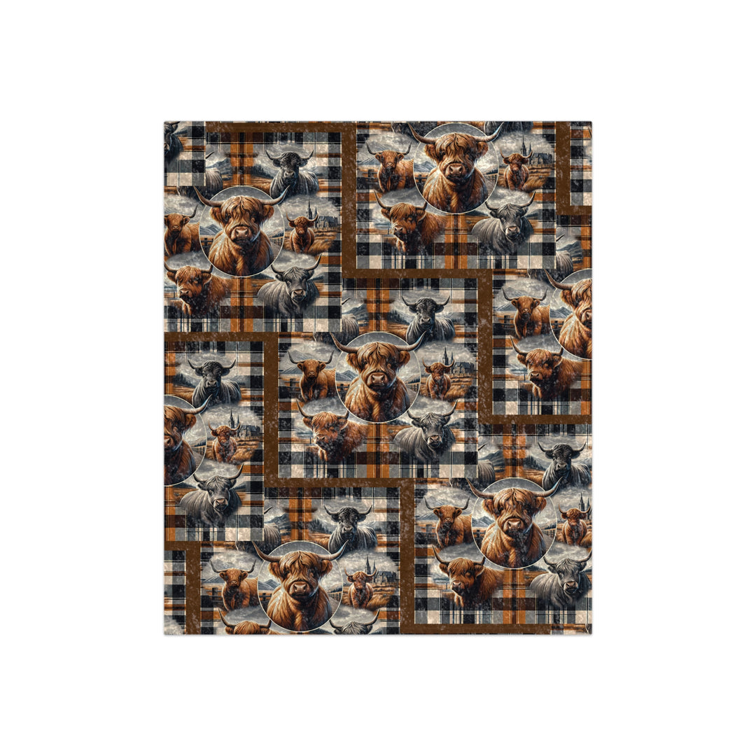Rustic Highland Cow and Plaid Checkered Crushed Velvet Throw Blanket - Farmhouse Chic Luxe Decor for Home and Hearth With That Vintage Look!